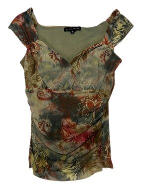 Weston Wear Sheer Stretch Mesh Blouse Cap Sleeve Earthy Y2K Floral Fairy Paisley